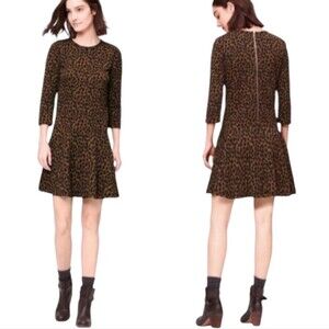 Ann Taylor Loft Leopard Print Dress Drop Waist Long Sleeve Black Brown‎ Green S